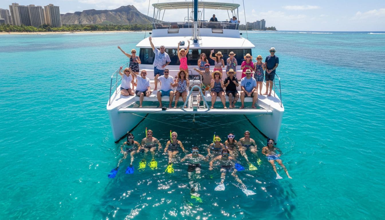 A larger diverse group of 20 tourists of various ages shares a spacious cruise boat in Waikiki waters, with some snorkeling in clear water and others on deck admiring the coastline under tropical sunlight.