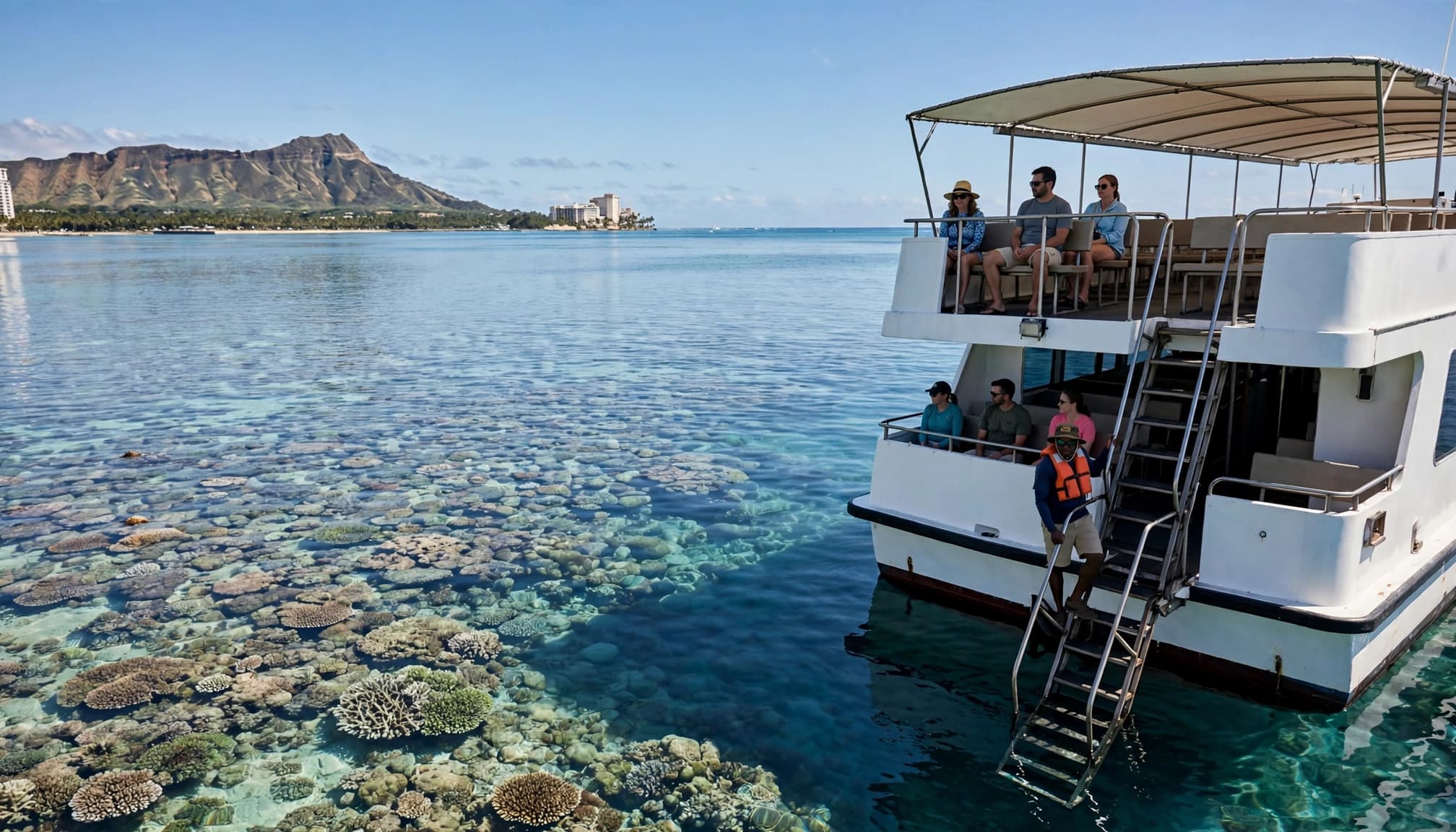 A tour boat pauses above a reef with passengers and a crew member by the ladder.