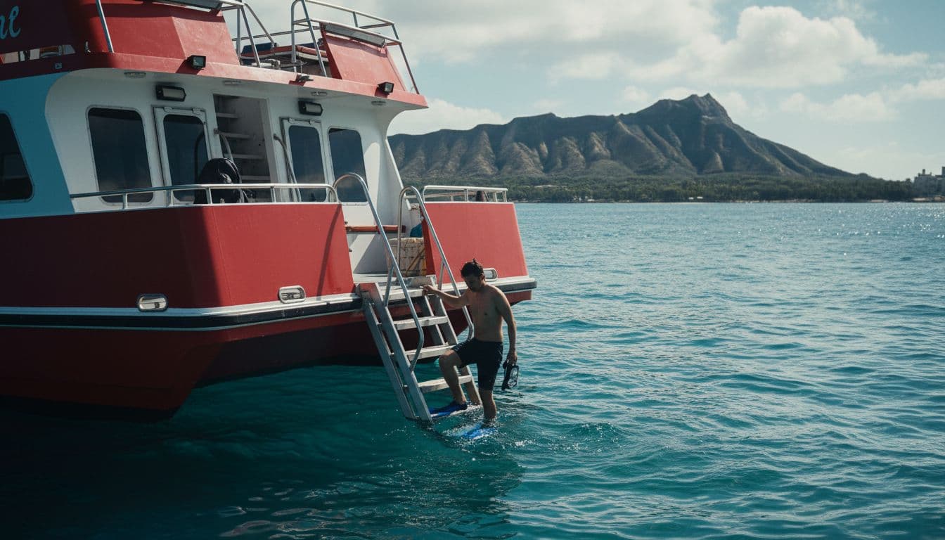 Snorkeler mid-descent on sturdy ladder from anchored double-decker boat into turquoise waters off Waikiki, Diamond Head in distance.