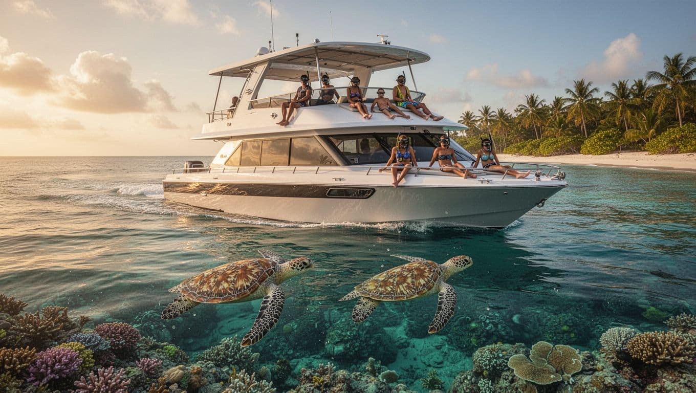 A double-decker powerboat glides through calm turquoise waters near Waikiki Beach on Oahu, with Hawaiian green sea turtles swimming near four snorkelers and a vibrant coral reef visible below. Passengers relax on the shaded deck in cinematic golden hour lighting.