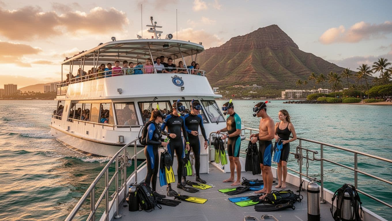 Double-decker tour boat cruising calm turquoise waters off Waikiki, Oahu at sunrise with Diamond Head in the background, family snorkelers preparing gear on deck in cinematic golden hour lighting with dramatic depth.