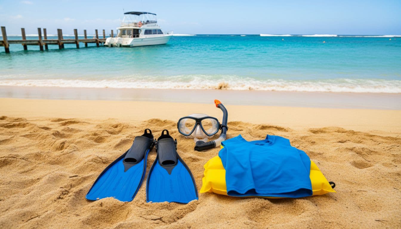 High-quality snorkel gear laid out on a sunny Waikiki beach near a boat dock, including mask with clear wide lens, adjustable snorkel, fitted fins, rash guard vest, and flotation vest. Vibrant tropical colors, ocean waves, and boat in background under bright natural daylight.
