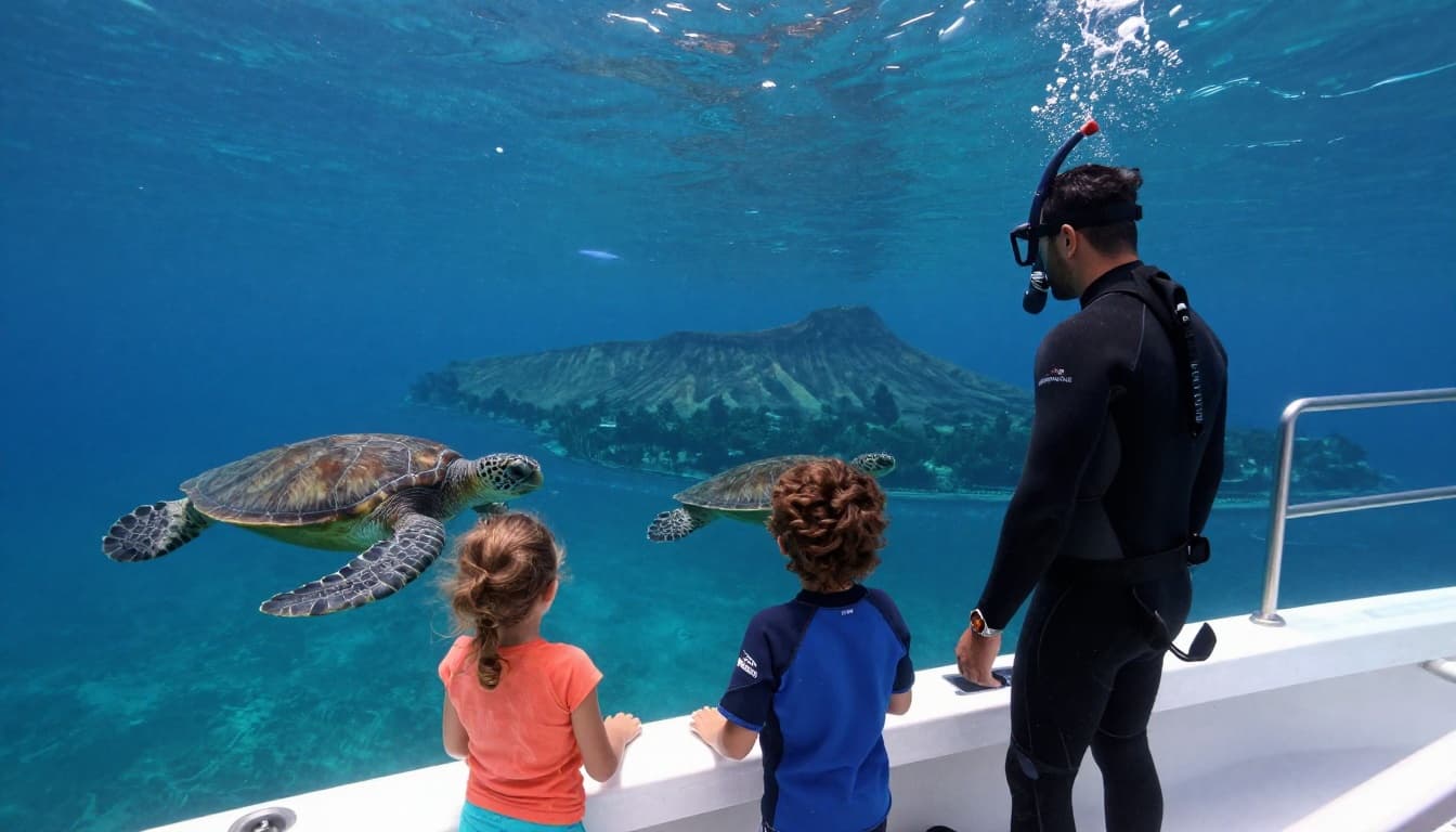 Snorkel guide in wetsuit assists family entering water from double-decker boat near Waikiki, turtles underwater, Diamond Head backdrop.