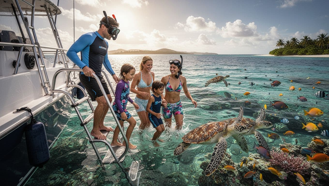 A professional snorkel guide assists a family of four (two adults, two children) entering clear ocean water from a boat ladder at a reef site near Waikiki, with turtles and colorful fish visible below the surface on a sunny day.