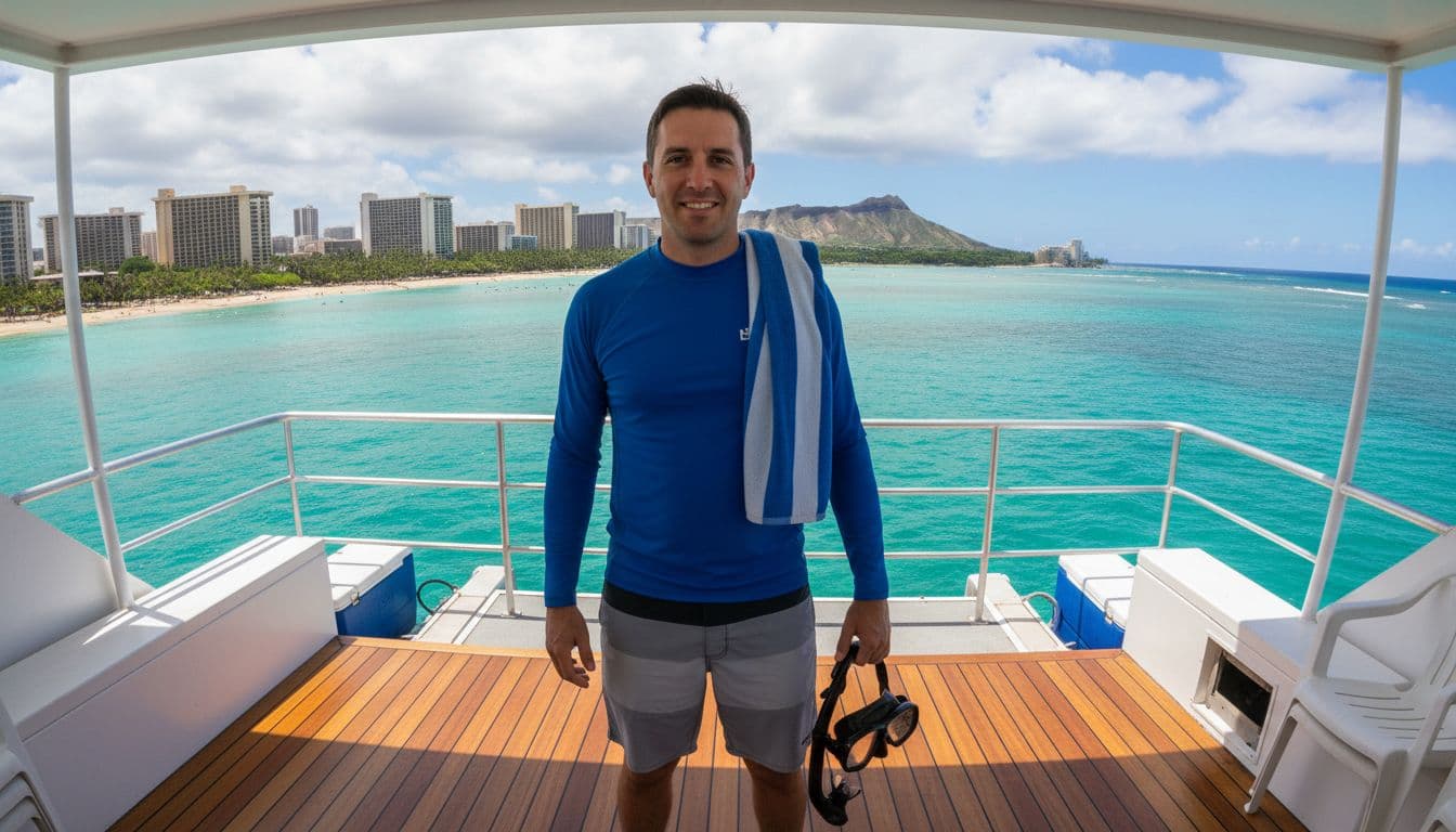A person in long-sleeve UV rash guard shirt and board shorts stands relaxed on a sunny double-decker boat deck overlooking Waikiki Beach and ocean, holding snorkel mask with towel over shoulder, preparing for snorkel tour.