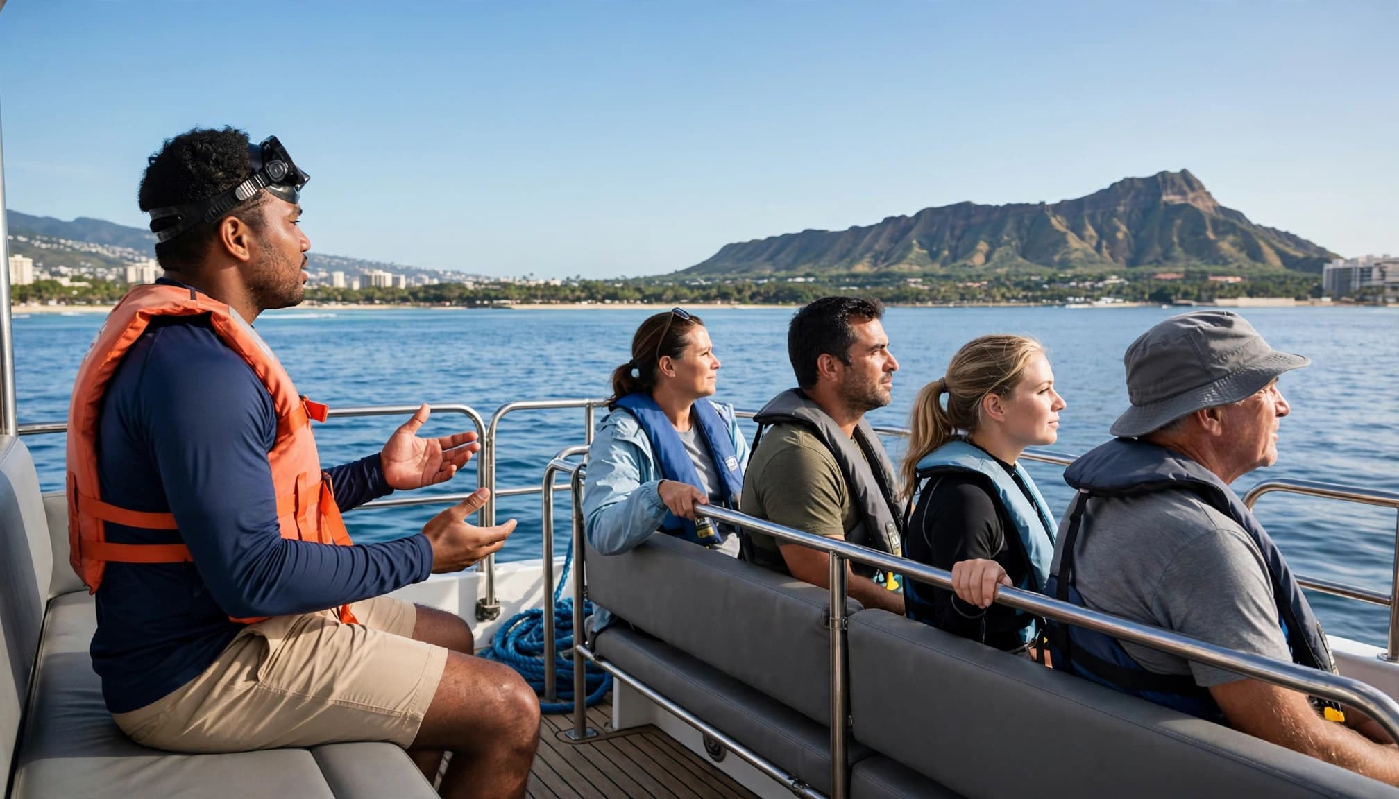 A snorkel guide briefs four seated passengers on a boat near Diamond Head.