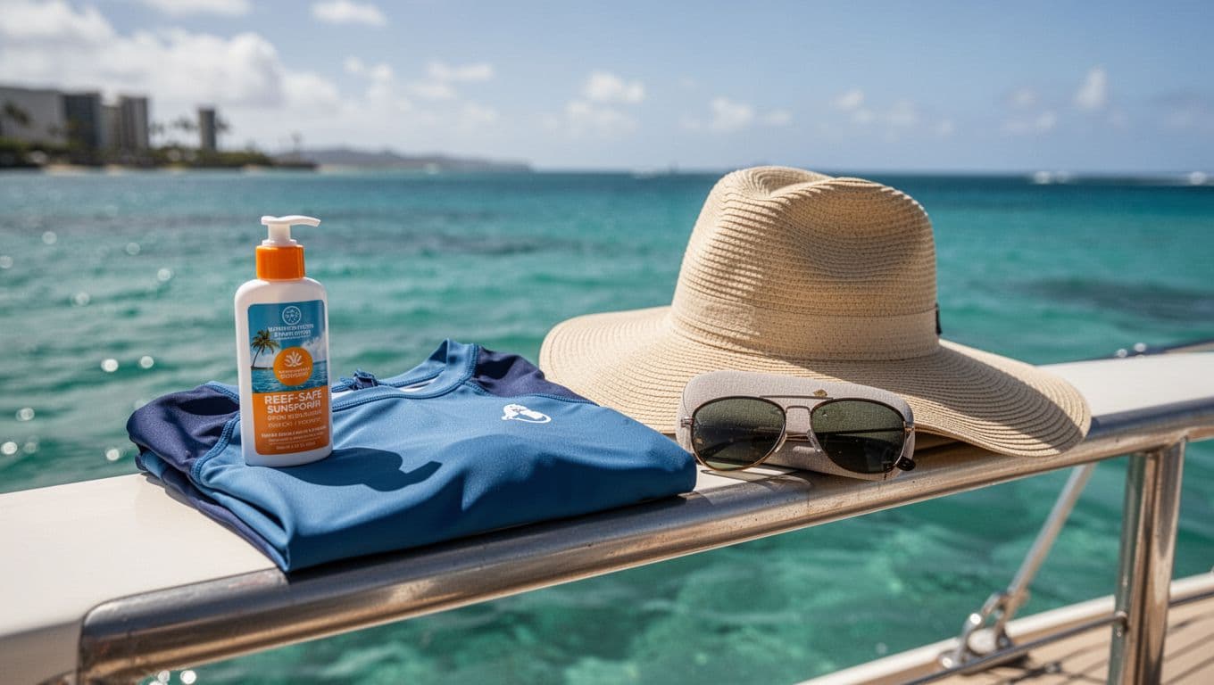 Arrangement of reef-safe sunscreen, rash guard shirt, wide-brim hat, and polarized sunglasses case on a sunny boat deck railing overlooking turquoise Waikiki waters for Turtle Canyon snorkel.