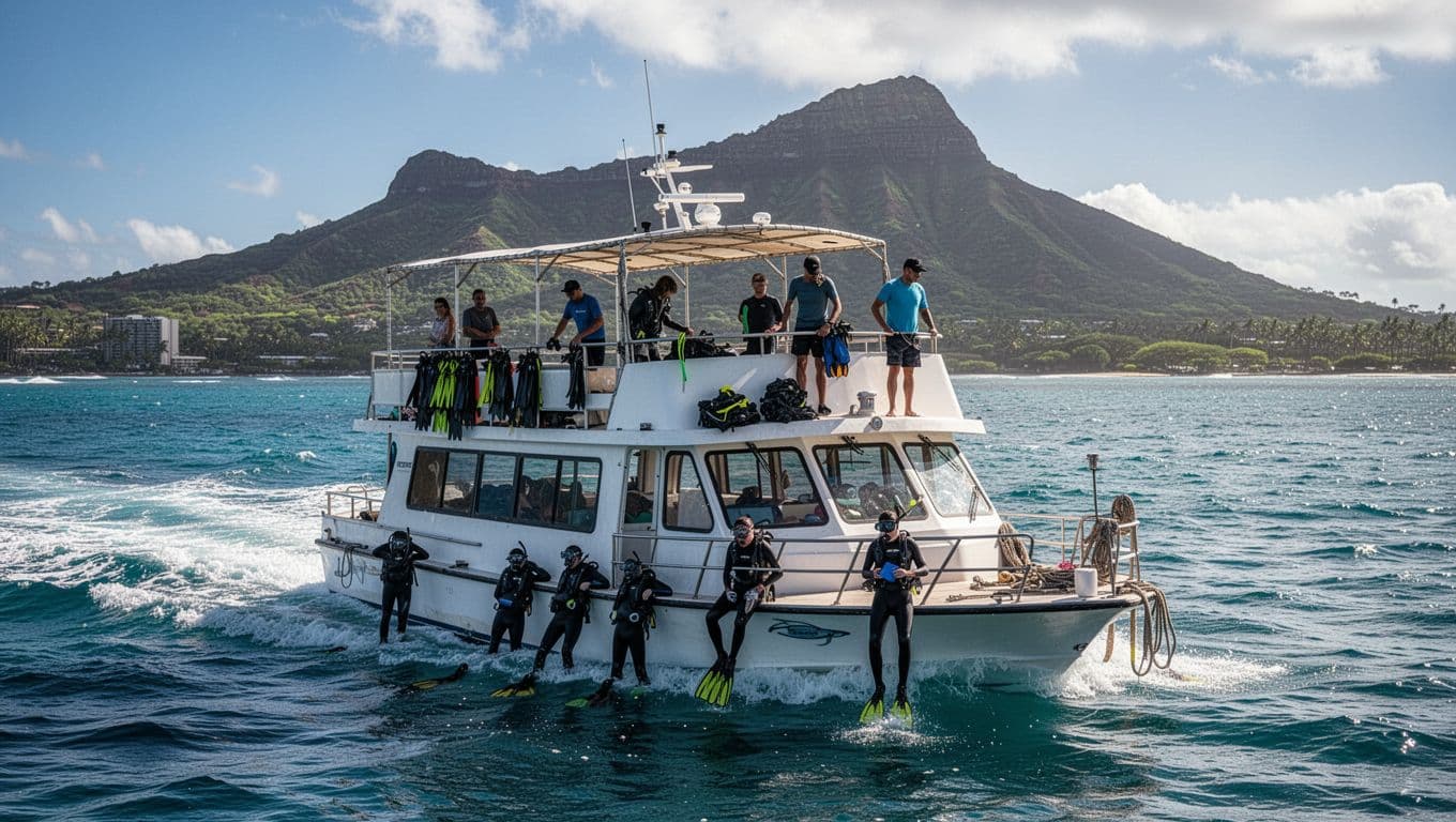 A double-decker tour boat cruises off the Waikiki Oahu coast with snorkelers on the upper deck preparing gear, ocean waves and Diamond Head in the background under dramatic midday sunlight.