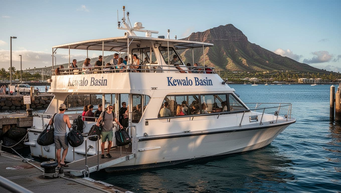 Modern double-decker tour boat at Kewalo Basin harbor near Waikiki, Oahu; guests in snorkel vests board lower deck with gear bags, Diamond Head volcano in background, calm ocean on sunny morning.