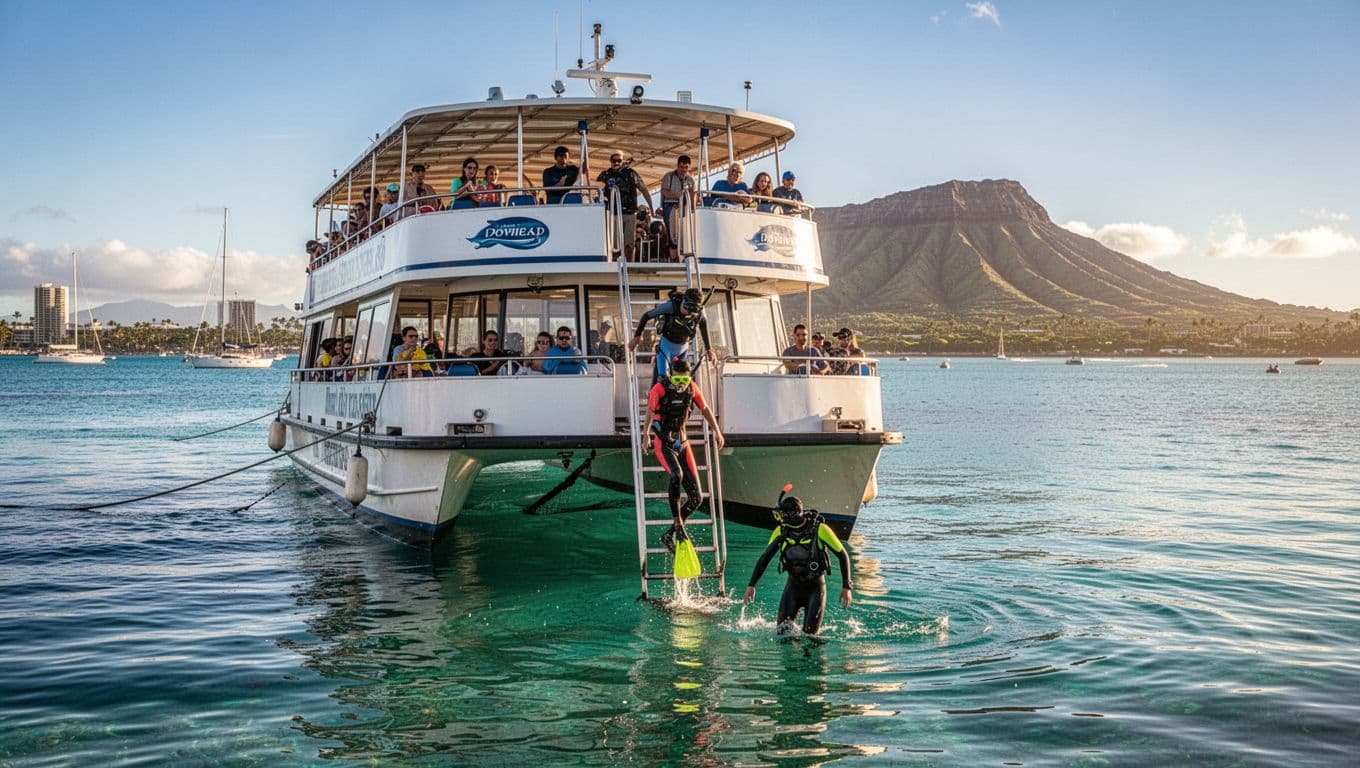 Double-decker tour boat anchored off Waikiki with two snorkelers at ladder, one descending into turquoise sea, Diamond Head distant.