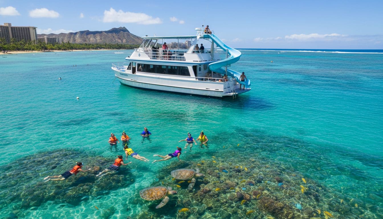 Double-decker tour boat anchored off Waikiki with snorkelers in life jackets around coral reef and turtles in calm sunny waters.