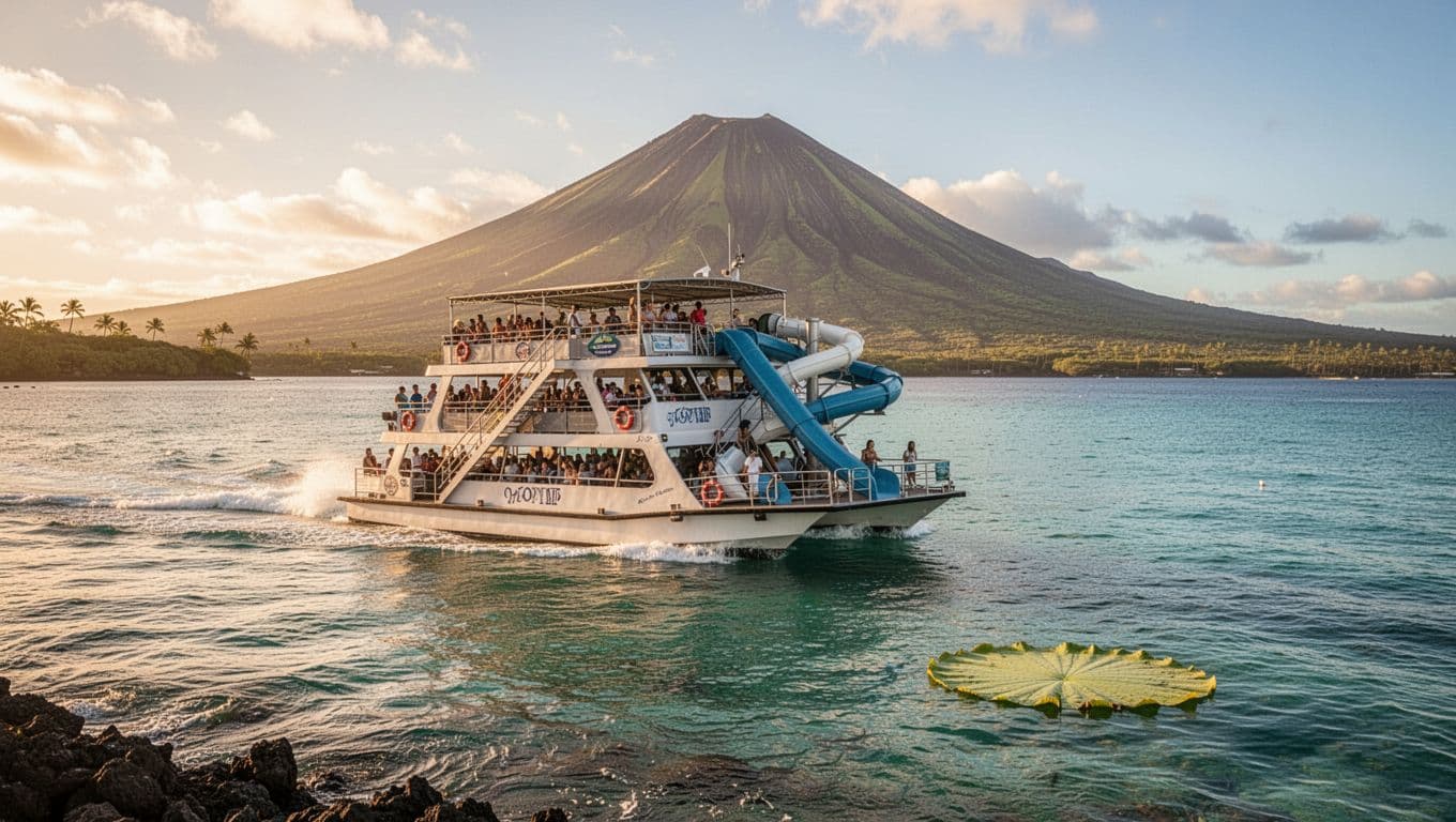 A double-decker tour boat cruises calm turquoise waters off the Waikiki coast near Kewalo Basin, featuring a mounted water slide and floating lily pads, with the iconic Diamond Head volcano in the background under golden hour sunlight.