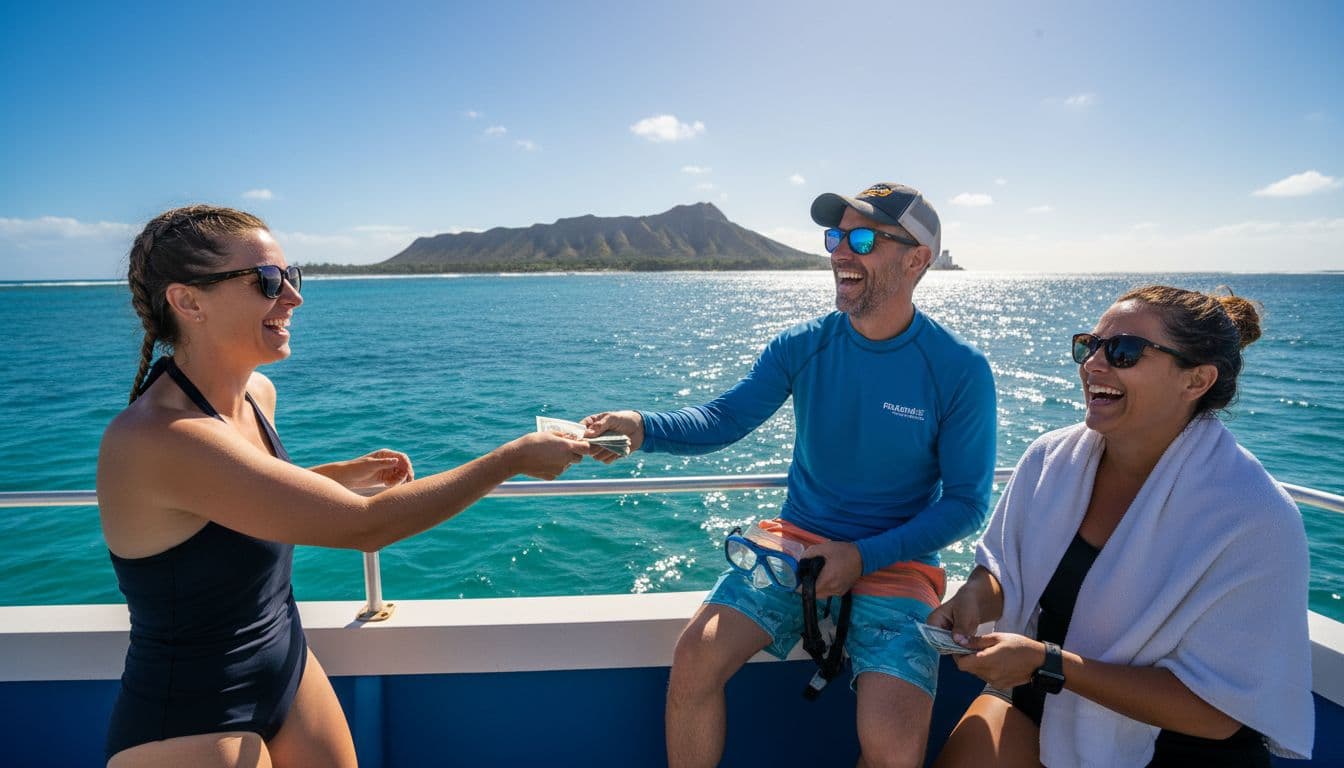 Happy tourists on a double-decker boat off Waikiki Beach hand cash tips to smiling crew members during a sunny snorkel tour, with ocean waves and distant Diamond Head volcano in the background.