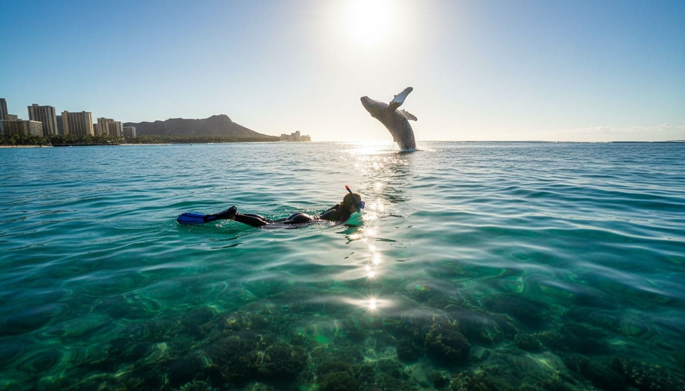 A person snorkels in crystal clear turquoise water while a massive humpback whale breaches in the misty distance. The scene captures a vibrant tropical ocean environment during the peak winter season.
