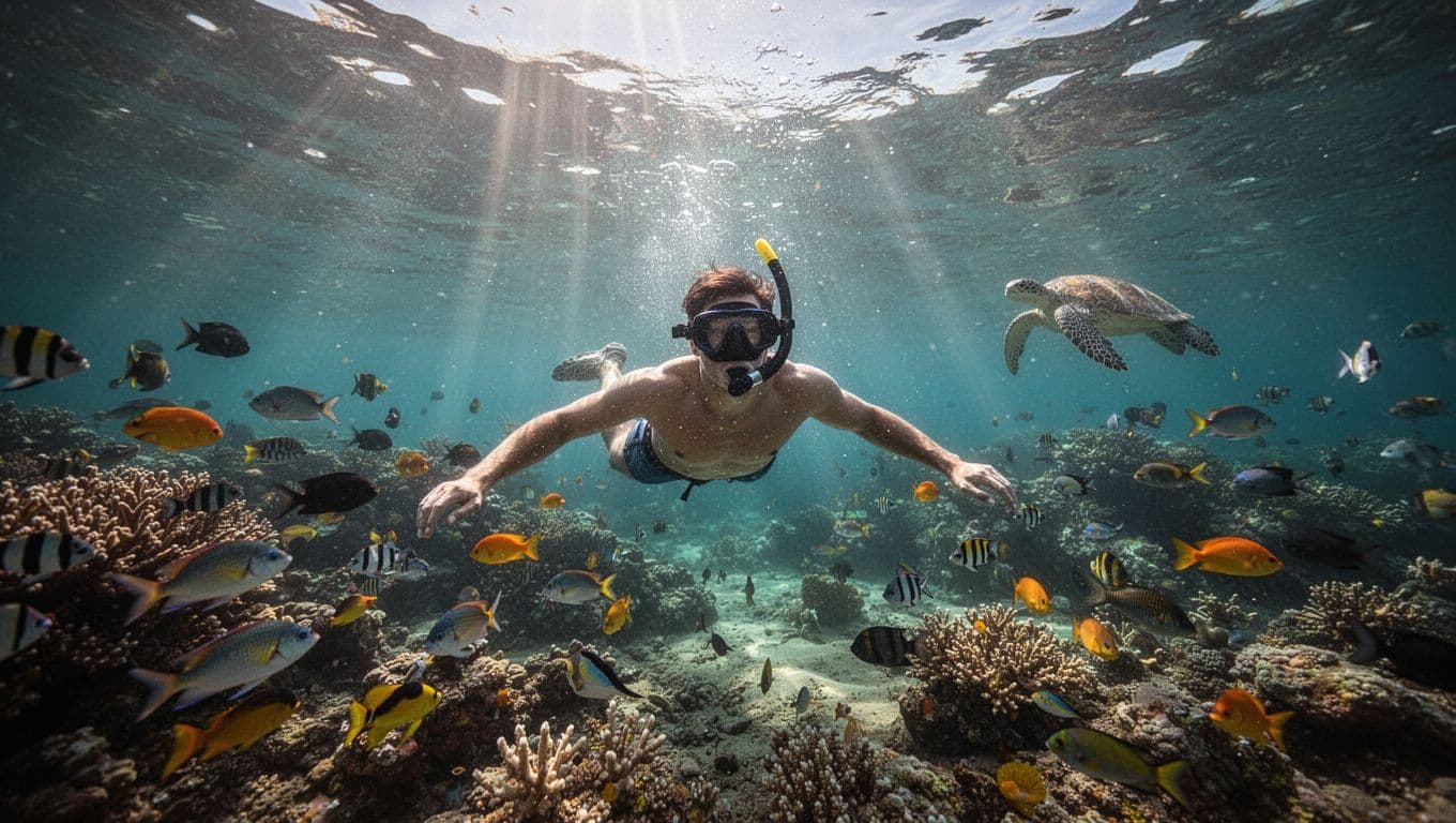 A snorkeler swims relaxed in clear turquoise waters off Honolulu's Waikiki coast near a vibrant coral reef with colorful fish and a distant sea turtle, captured in a cinematic underwater view with dramatic light rays.