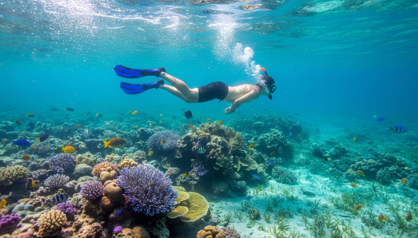 Snorkeler views colorful coral reef and fish in clear turquoise Waikiki waters, sunlight rays filtering through, bubbles rising.