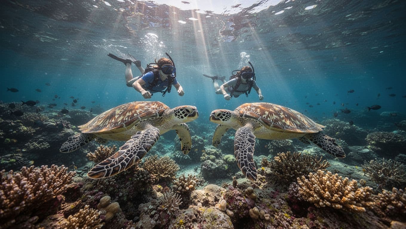 Snorkeler swims near two green sea turtles at coral reef in clear Waikiki waters with sunlight rays.