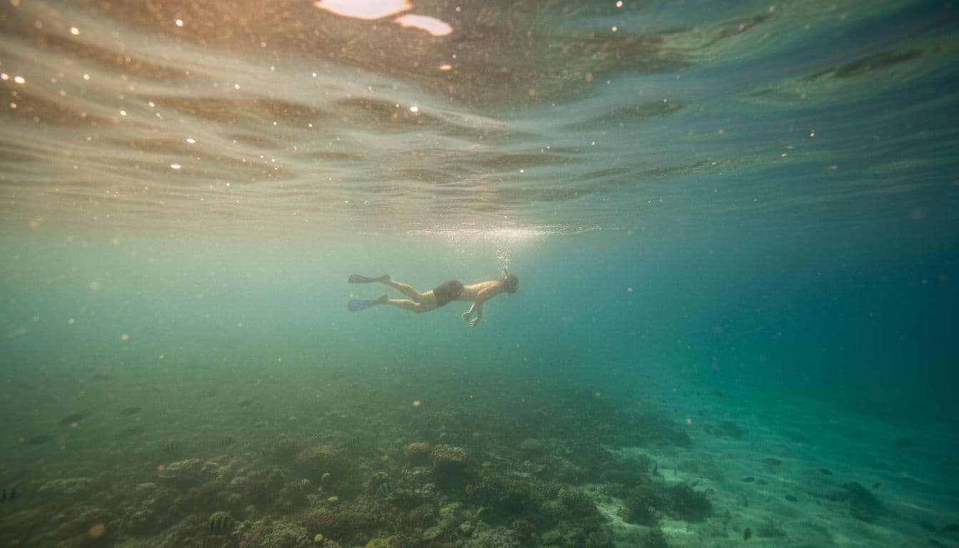 A snorkeler floating face-down in shallow ocean water off Oahu's Waikiki coast after light rain, featuring reduced visibility from suspended sediment creating hazy green-brown surface water contrasting clearer turquoise depths with faint coral reef and small fish, in cinematic style with golden hour lighting.