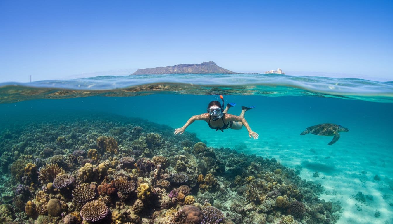 A snorkeler in mask and snorkel floats gently in calm ocean water off Waikiki near a reef, with a turtle silhouette in the distant background under a sunny blue sky.
