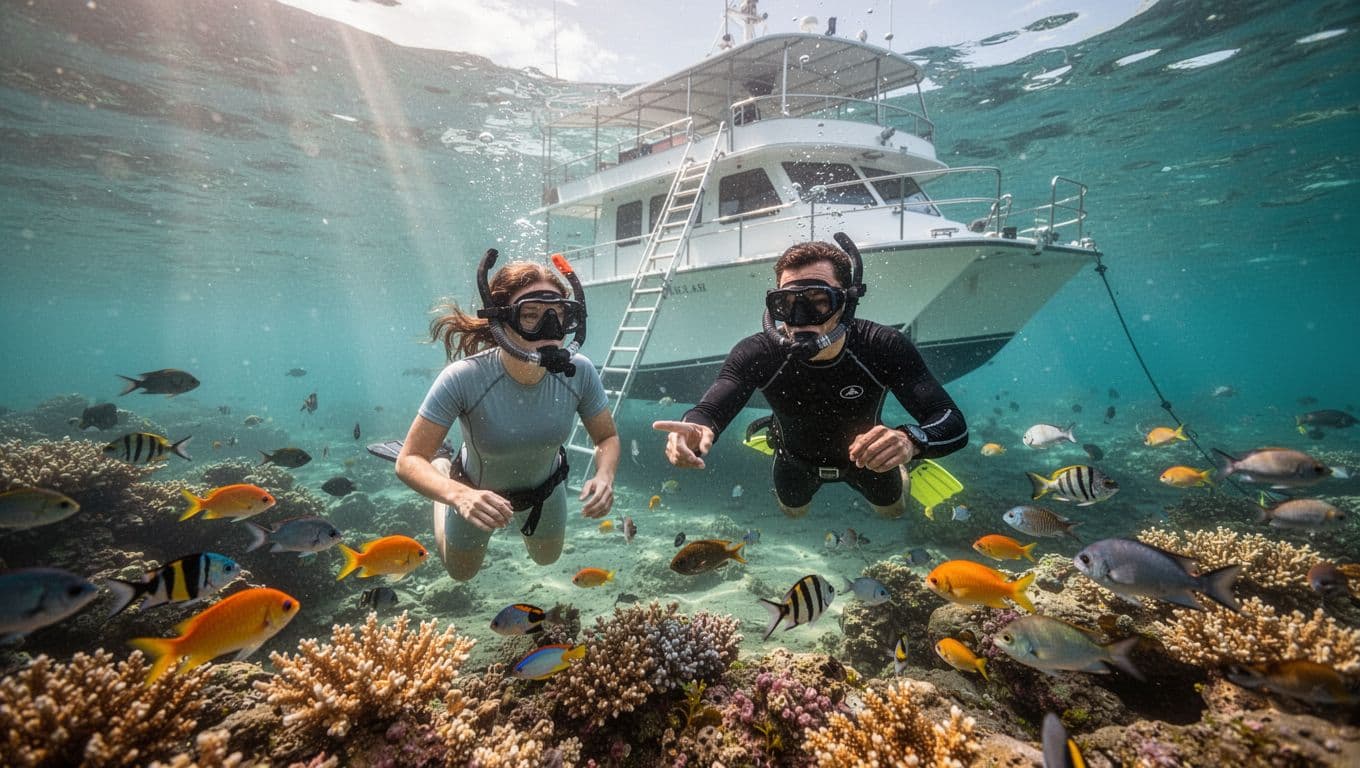Three snorkelers and guide float near vibrant coral reef in turquoise waters, watching colorful fish from distance, double-decker boat anchored nearby.