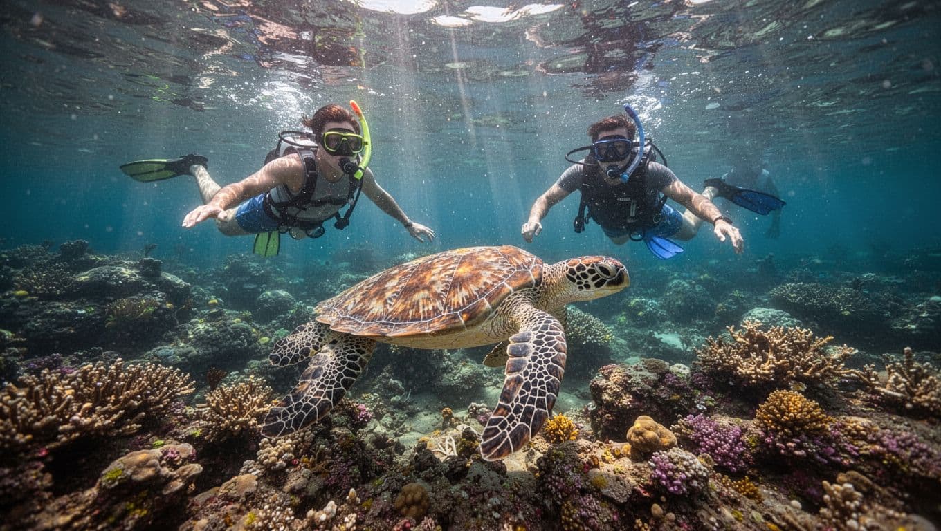 Two snorkelers watch one green sea turtle amid vibrant coral in clear Waikiki waters with sun rays piercing surface.