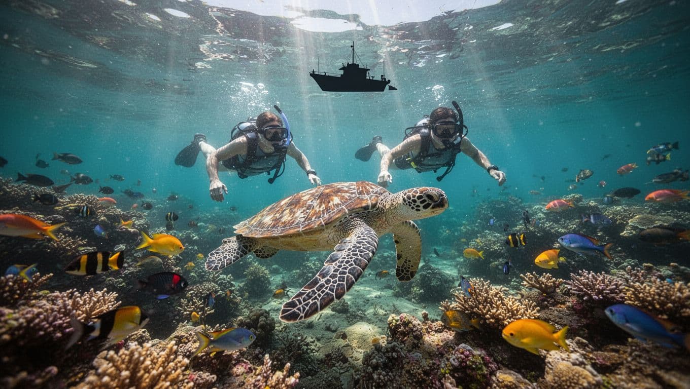 Snorkelers swim with Hawaiian green sea turtles in crystal-clear turquoise waters off Waikiki at a vibrant coral reef on a sunny tropical day.