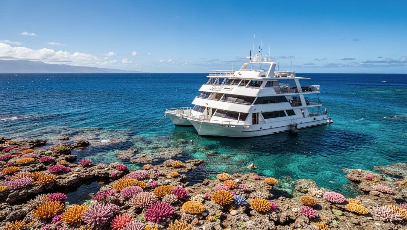 A white double-decker vessel floats in shallow, vibrant turquoise water above a coral reef near the Waikiki coastline. Sunlight creates brilliant highlights across the deep blue ocean surface under clear skies.
