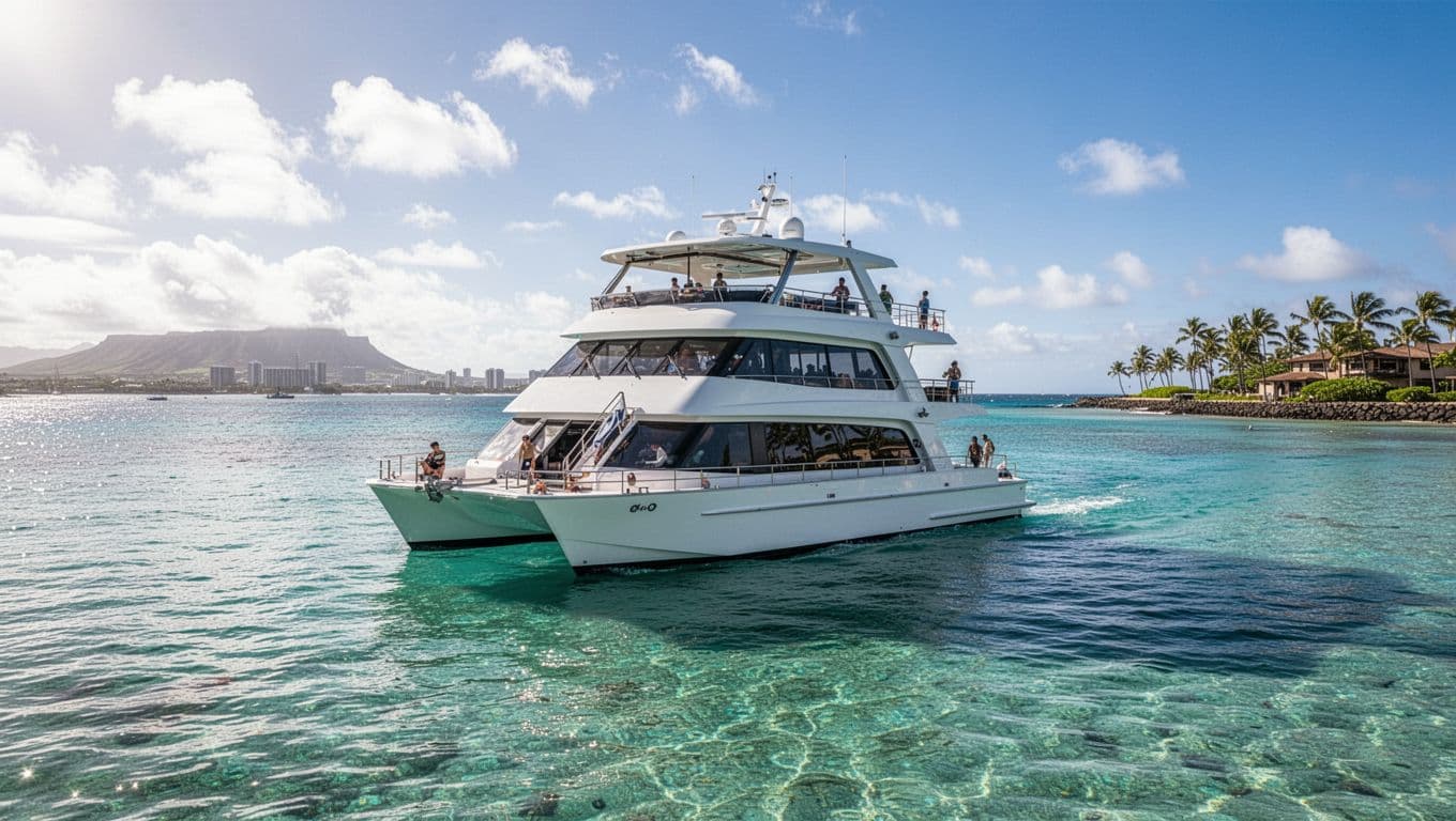 A spacious double-decker boat floats on tranquil turquoise water near the Waikiki coastline. Sunlight illuminates the clear ocean surface under a cloudless sky, creating a vibrant and inviting atmosphere for snorkelers.