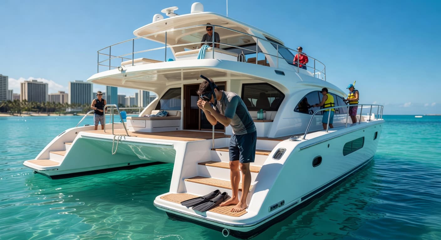A spacious double-decker boat floats on vibrant turquoise water near a sun-drenched harbor. A guest stands at the edge wearing snorkeling gear while preparing to dive into the clear ocean depths.