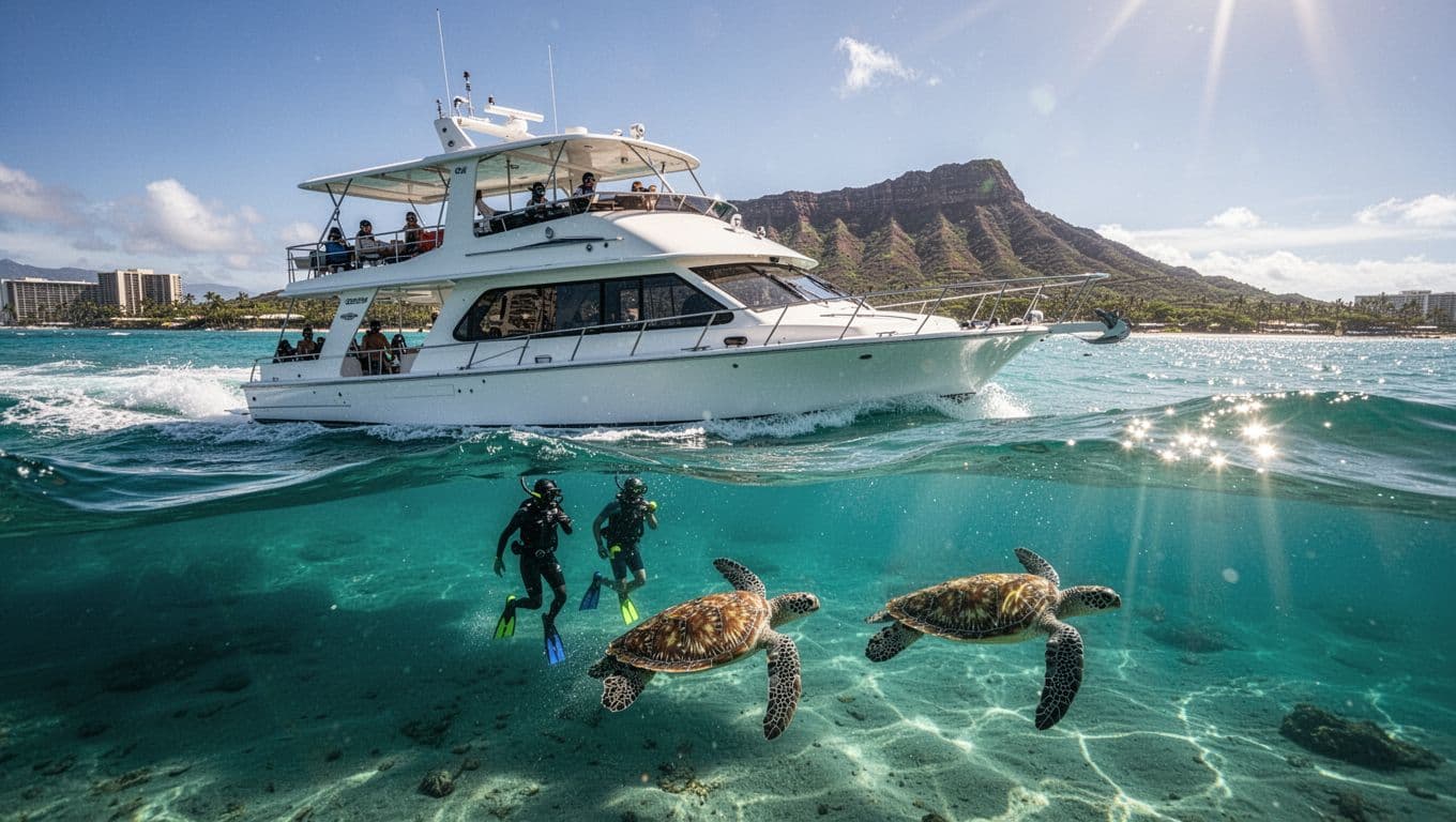 A double-decker powerboat cruises smooth turquoise waters near Waikiki Beach on Oahu, Hawaii, as two snorkelers enter the water near a coral reef with a Hawaiian green sea turtle swimming below; Diamond Head crater visible in the distance under vibrant midday sun.