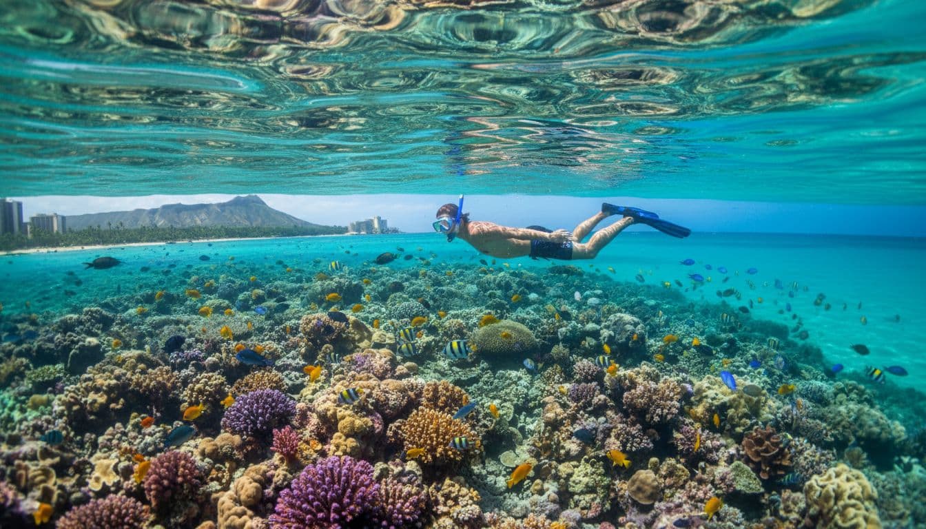A person snorkels in a relaxed pose in clear shallow turquoise water over a coral reef with colorful fish, Waikiki coastline in the background, viewed from above the surface with natural sunlight filtering through.