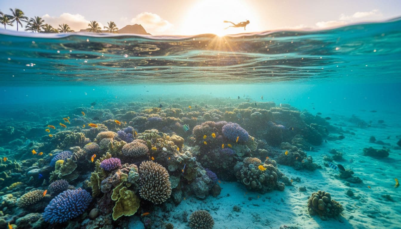 Clear turquoise ocean water at a Waikiki snorkeling spot reveals a vibrant coral reef underwater, with sunlight filtering through the surface and a snorkeler silhouette in the distance during golden hour.