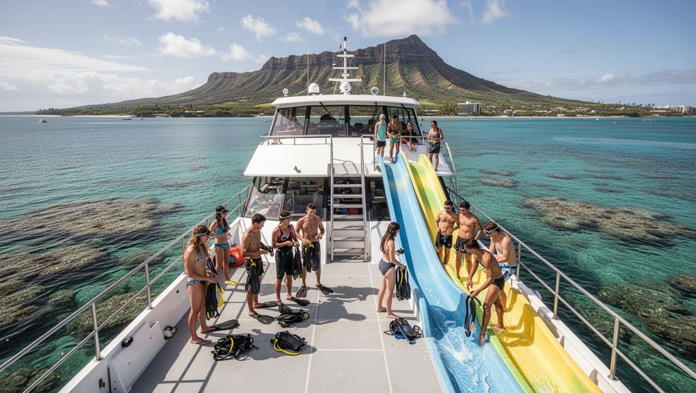 Double-decker boat anchored near Waikiki reef in calm turquoise waters with Oahu coastline and Diamond Head in background. Passengers on deck prepare for snorkeling amid sunny day, boat amenities including water slide visible.