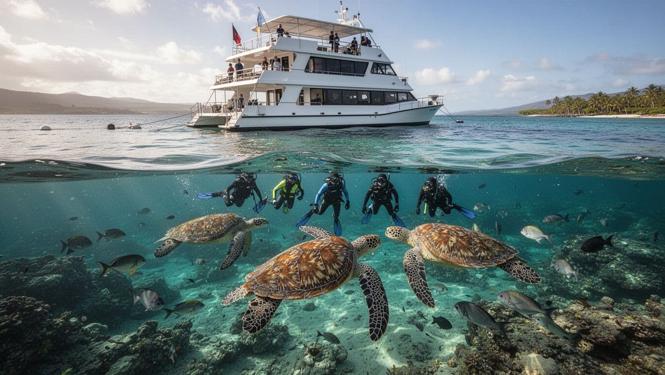 Double-decker boat anchored in calm turquoise bay near Waikiki reef, with small group of snorkelers spotting Hawaiian green sea turtles underwater through clear water, late morning cinematic light.