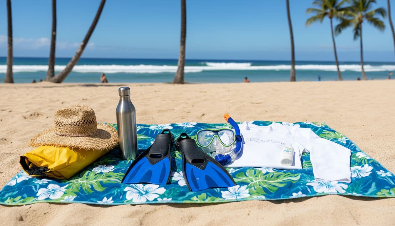 Neatly arranged Waikiki snorkeling gear on a tropical beach towel, including snorkel mask, fins, rash guard, sunscreen, hat, water bottle, dry bag, and towel, with ocean waves and palm trees in the soft background; top-down realistic photography.