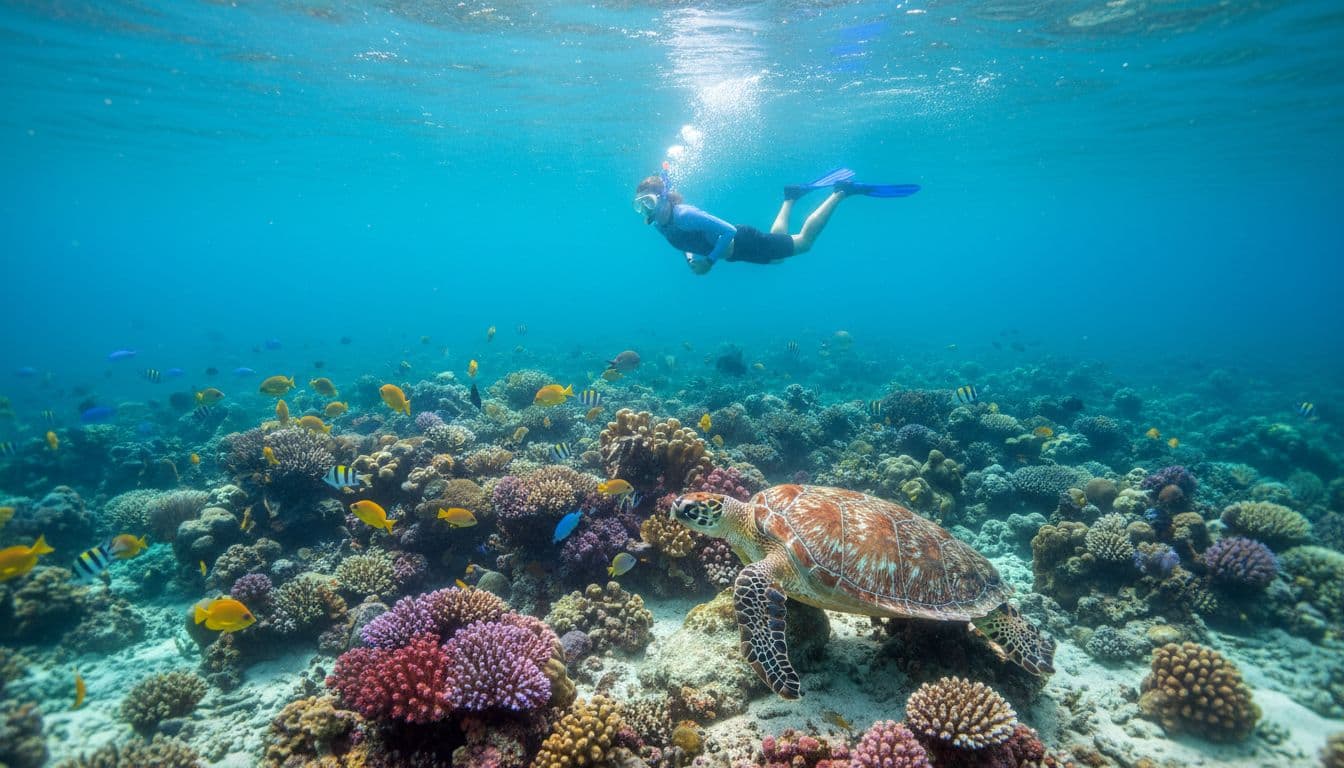 A solo snorkeler in crystal-clear turquoise ocean water off Waikiki Beach, Hawaii, views a colorful coral reef and Hawaiian green sea turtle below, with sunlight rays piercing the surface in a vibrant underwater scene.