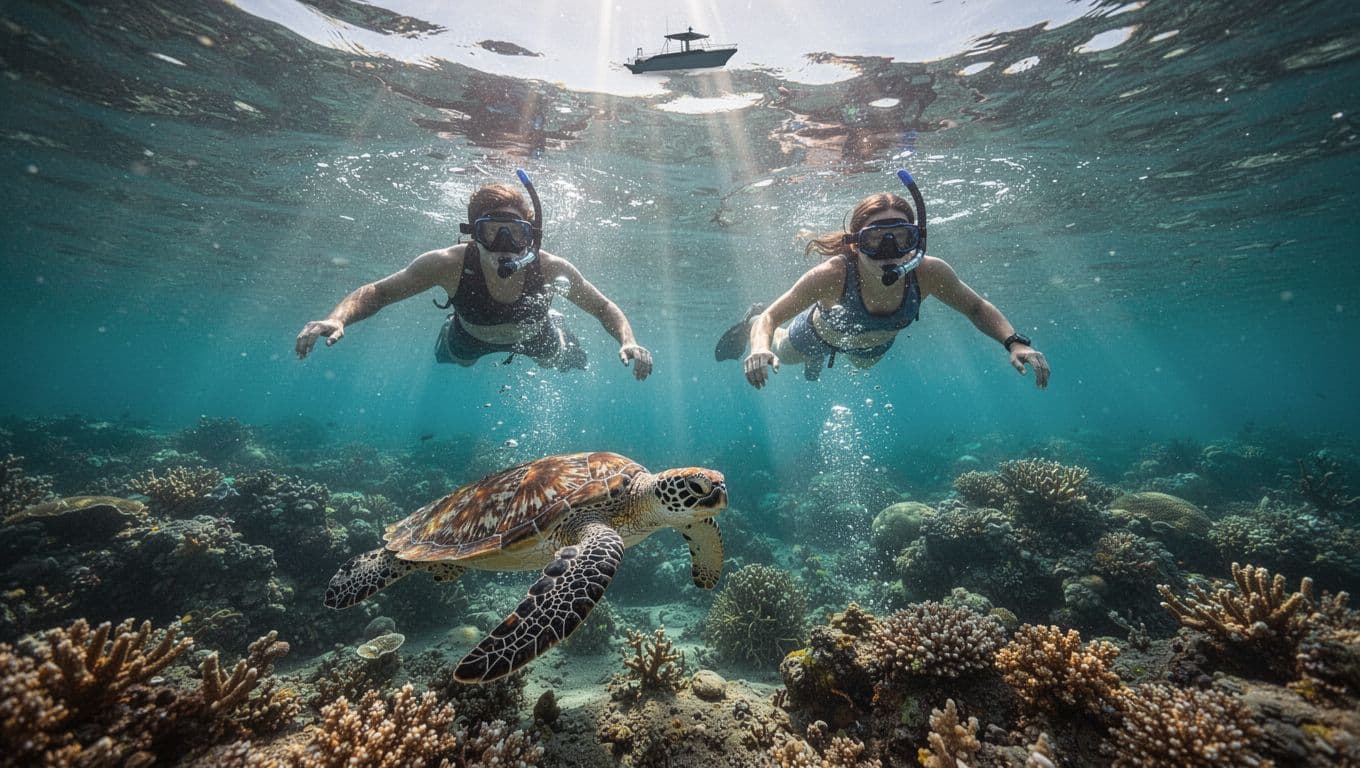 Underwater view up at two snorkelers in turquoise waters over coral reef, green sea turtle below, sunlight rays and boat silhouette.