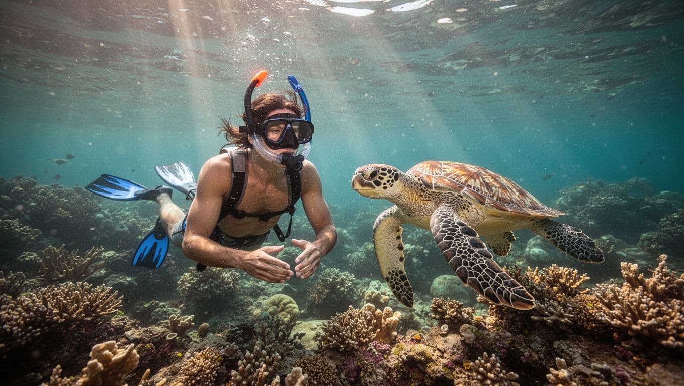 A solo snorkeler in mask, snorkel, and fins gently watches a Hawaiian green sea turtle glide nearby in turquoise water over a coral reef off Waikiki, Oahu, with soft sunlight and cinematic dramatic lighting.