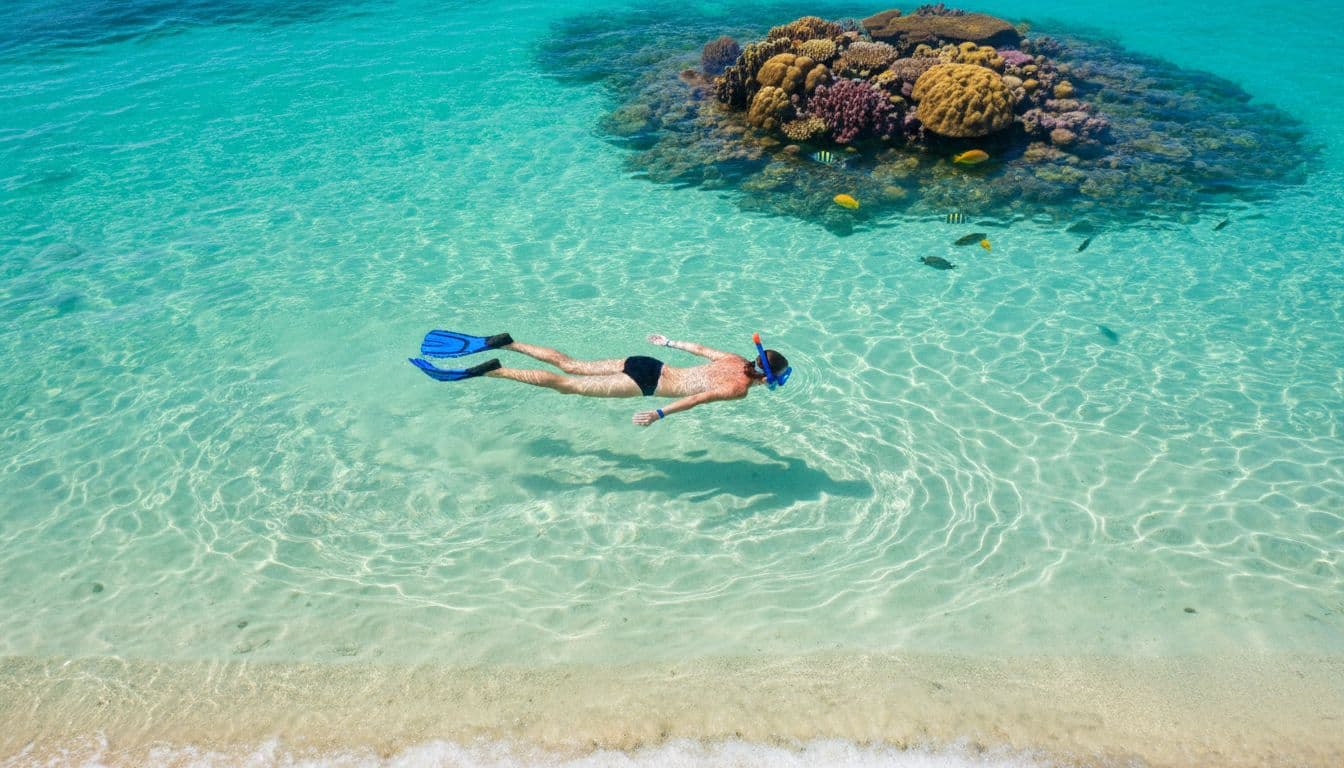 A solo snorkeler floats calmly in shallow turquoise waters off Waikiki Beach, with small colorful reef fish nearby and vibrant corals in the background under bright Hawaiian sunlight.