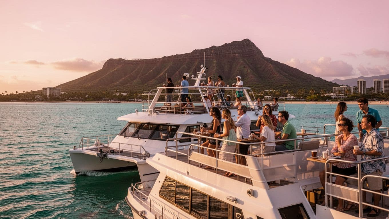 A double-decker power catamaran glides through calm turquoise waters off Waikiki Beach during early morning sunrise, with Diamond Head volcano silhouetted against a soft pink sky. A small group of relaxed passengers, exactly four adults and two children, enjoy coffee on the open upper deck.