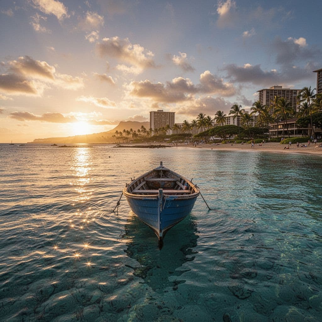 View from a boat toward Waikiki coastline at sunset over calm crystal-clear blue ocean.