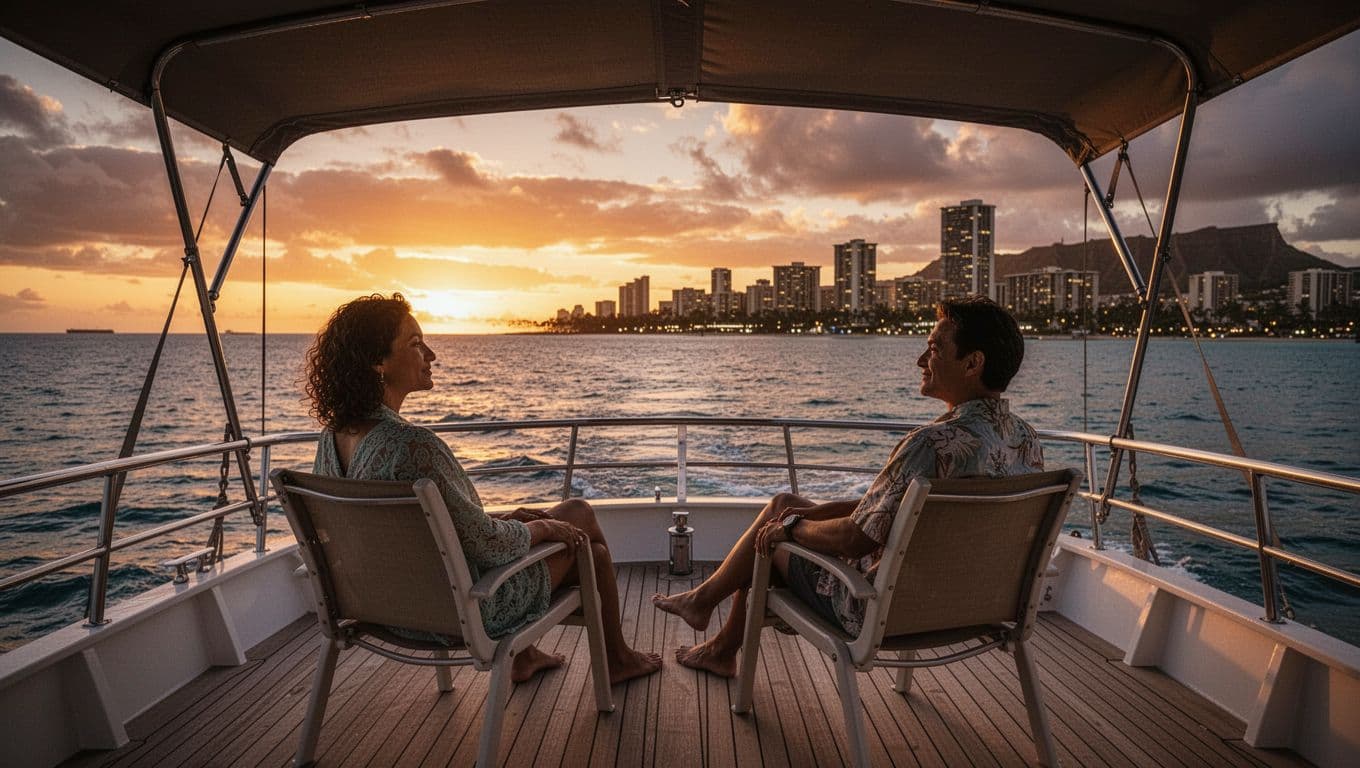 Couple in shaded seats on boat deck views sunset over Waikiki ocean horizon with city lights.