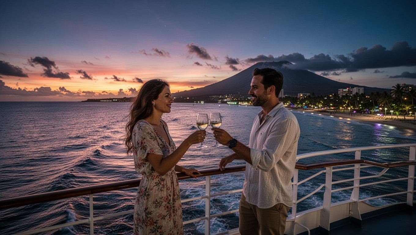 Silhouetted couple toasts on boat deck over Waikiki Beach at dusk with city lights and Diamond Head.