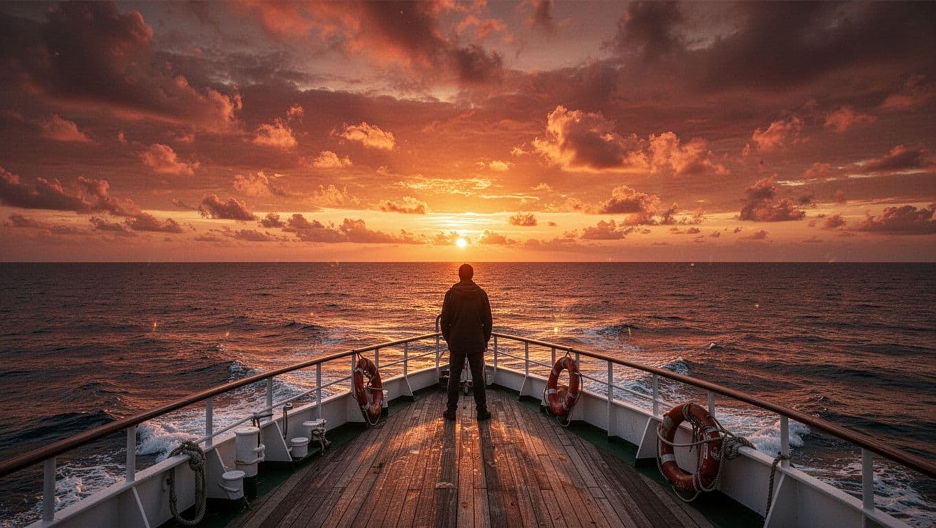 A vibrant orange sunset glows over the Pacific Ocean as seen from a boat deck.