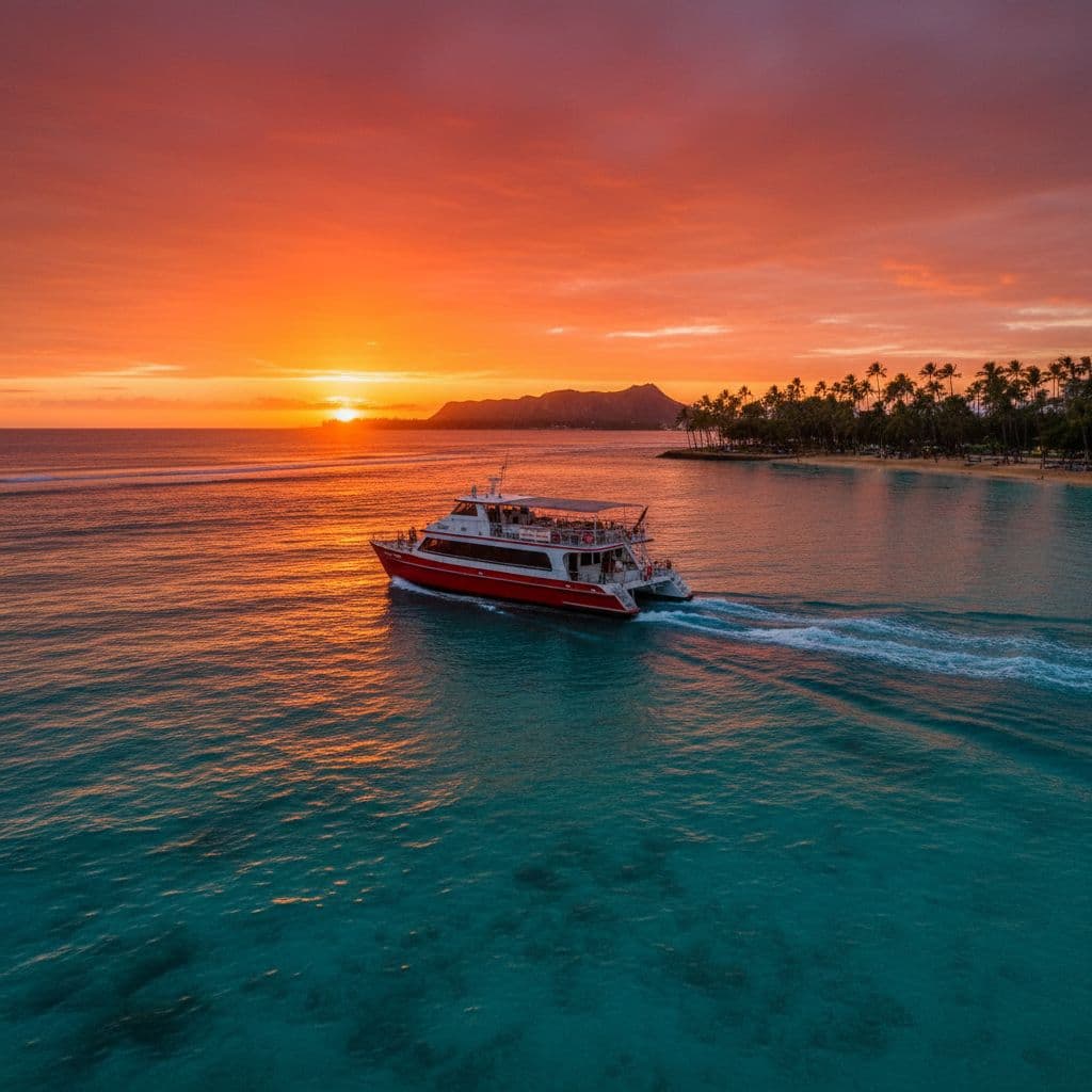 A double-decker vessel glides across vibrant turquoise waters while the sun sets behind the distant shoreline. Lush green palm trees line the beach in the soft glow of the evening.