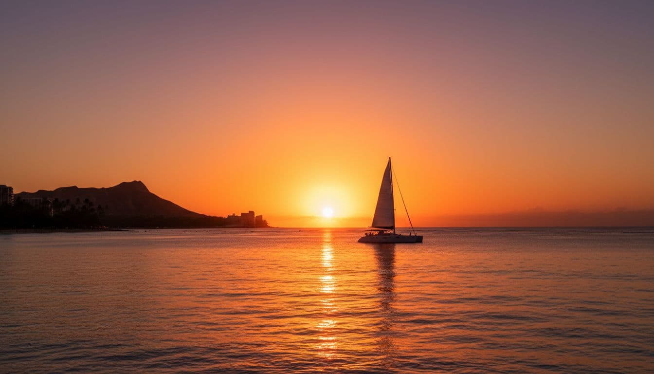 A golden sunset illuminates the calm ocean waters near Waikiki with a distant boat silhouette.