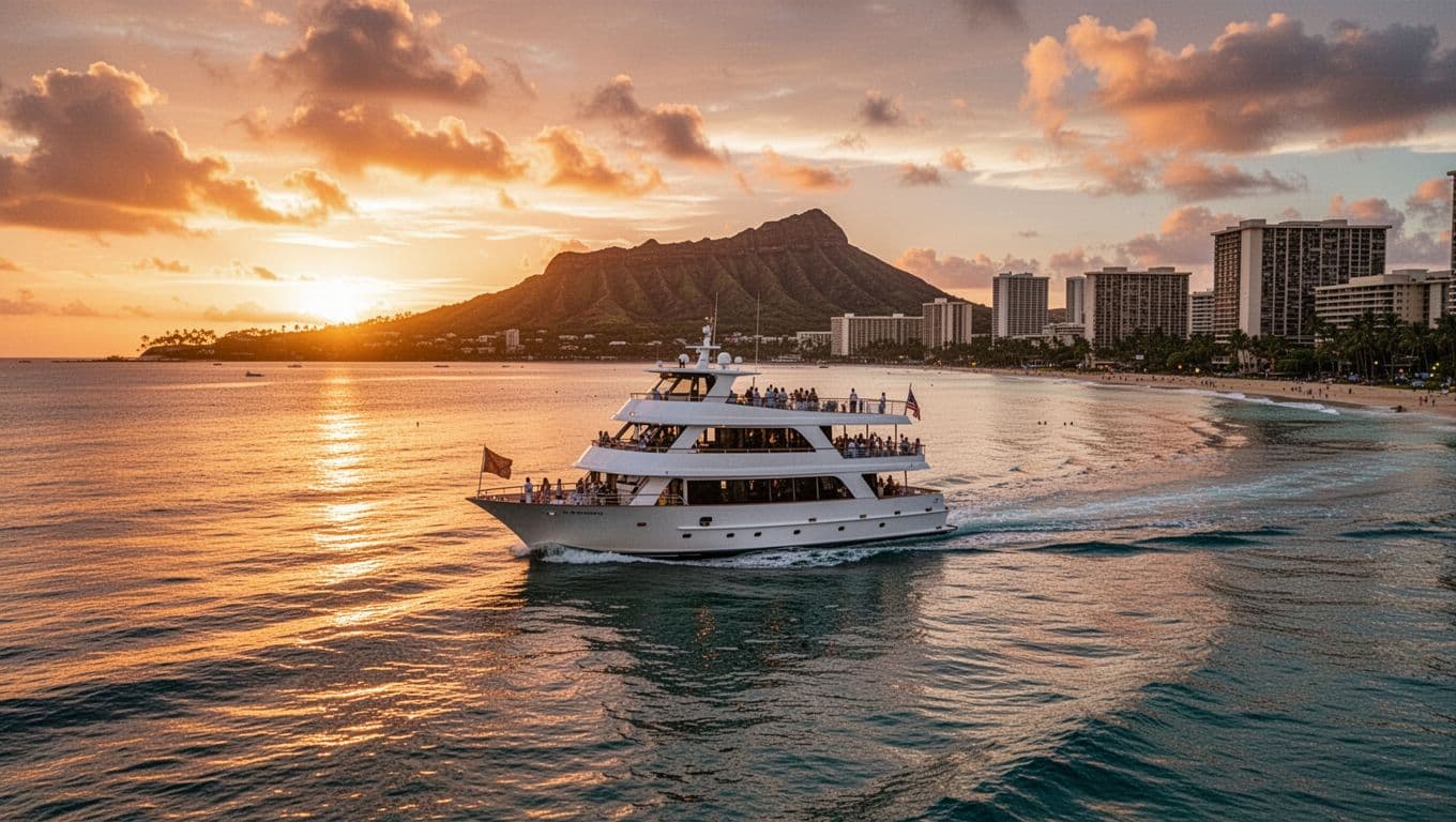 Majestic sunset over Waikiki Beach from an ocean perspective, with a double-decker boat cruising calmly amid silhouettes of Diamond Head and the city skyline. Golden orange hues reflect on the calm sea surface in a cinematic style with strong contrast, depth, and dramatic lighting.