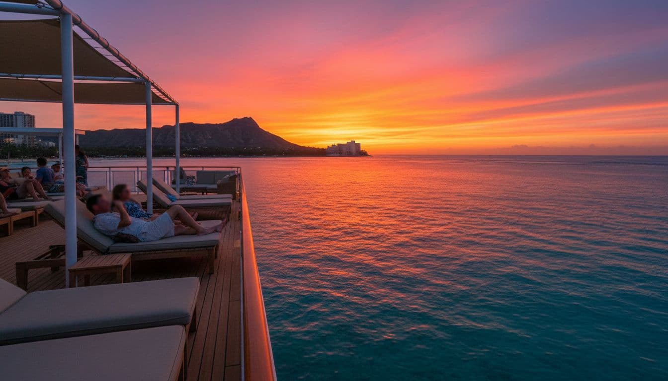 Vibrant sunset over the Pacific Ocean from a double-decker boat deck off Waikiki Beach, Honolulu, featuring Diamond Head silhouette, turquoise waters reflecting orange-pink skies, and relaxed passengers in the background.