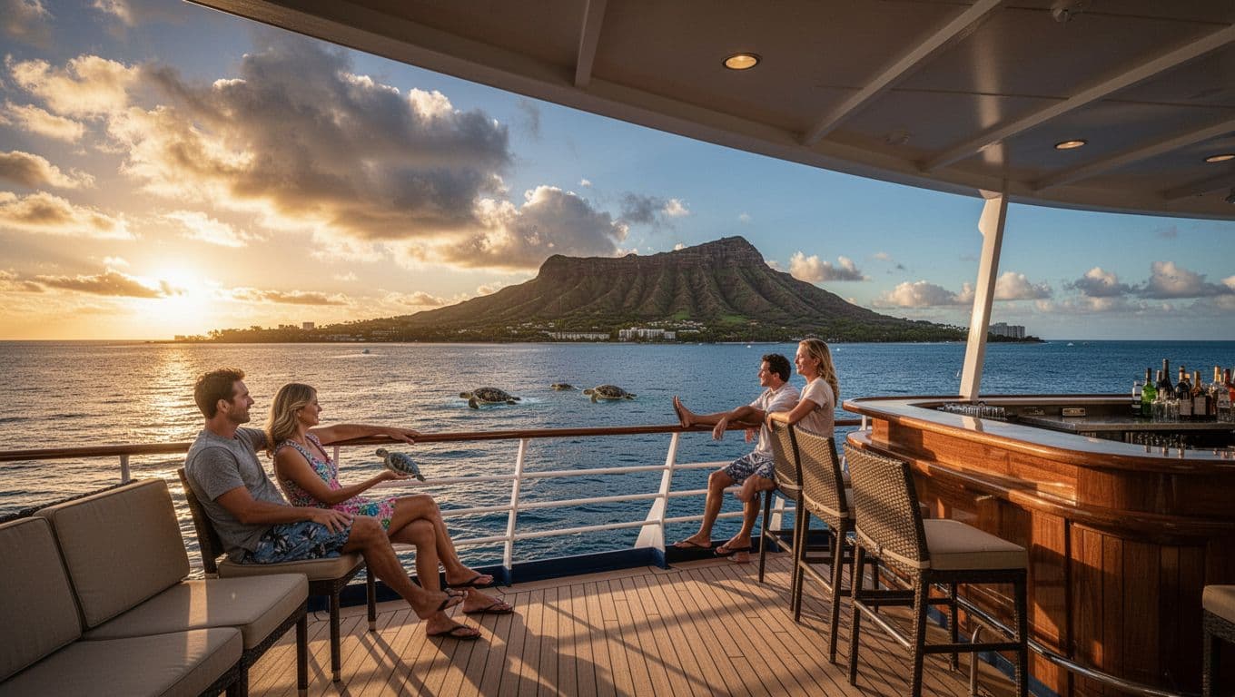Family of three on double-decker boat deck leans on rails viewing sunset over calm ocean, distant sea turtles, and Diamond Head.