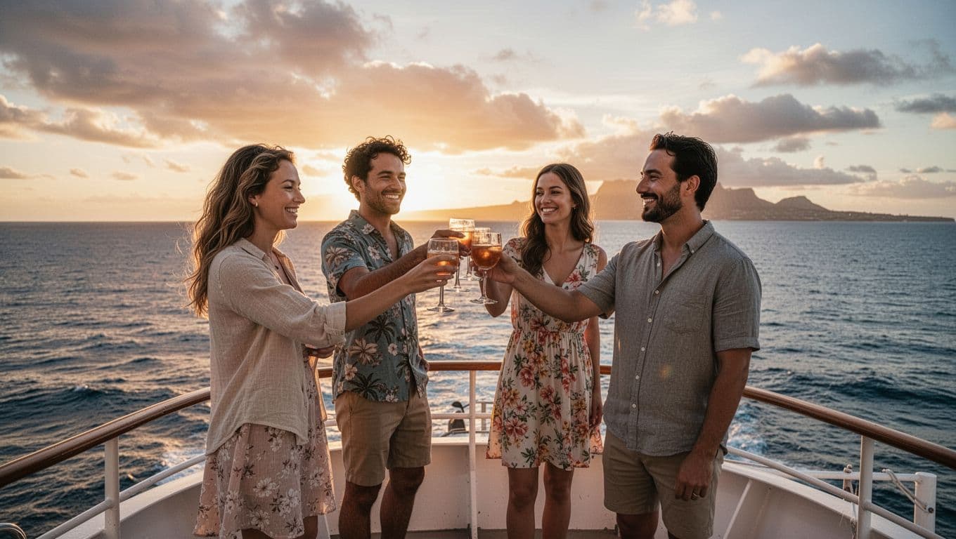 Two couples stand on double-decker boat upper deck toasting drinks at Waikiki sunset with ocean horizon.